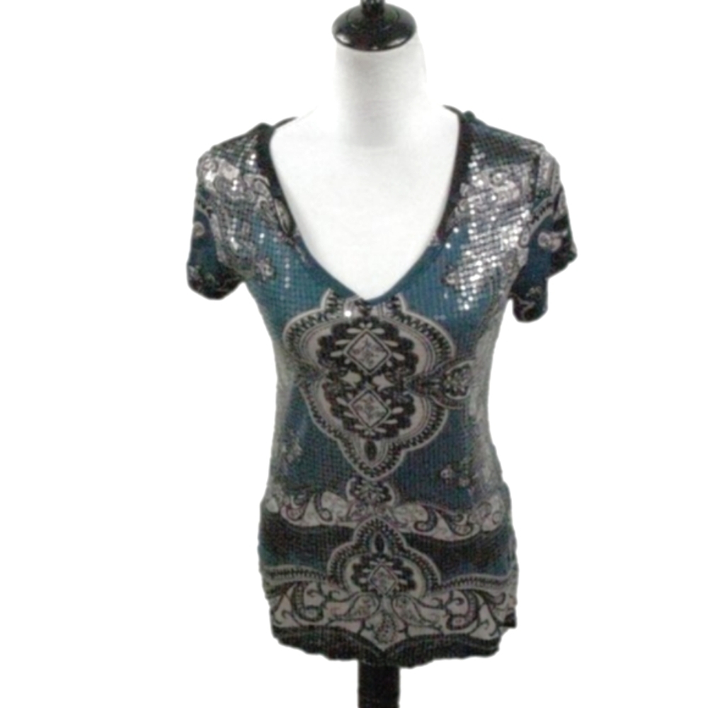 INC Turquoise Paisley Sequin Embellished Short Sleeve Top Size Medium